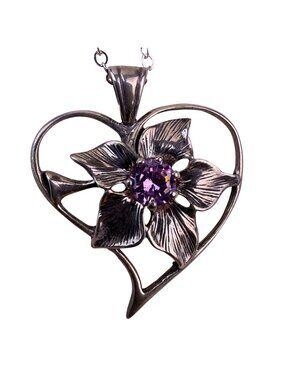 Sterling Silver 925 Womens Purple Crystal Flower Heart Pendant Necklace Italy